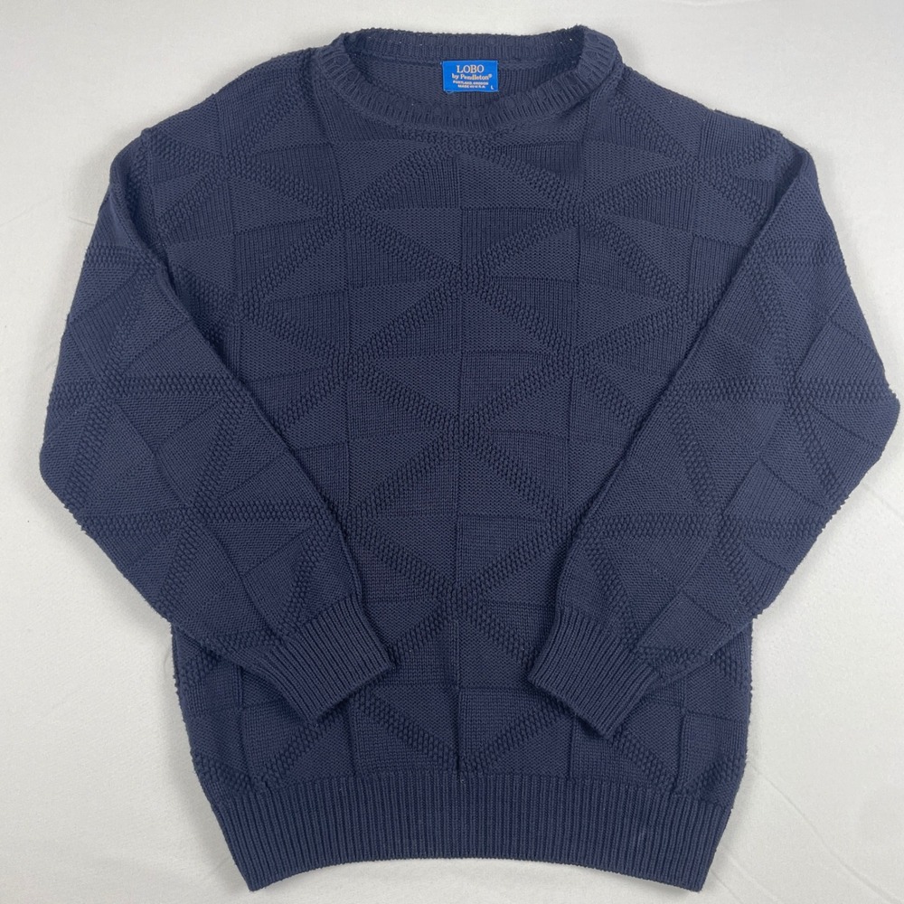 Lobo by Pendleton Vintage Mens Navy Blue Geometric Textured Cotton Sweater L USA